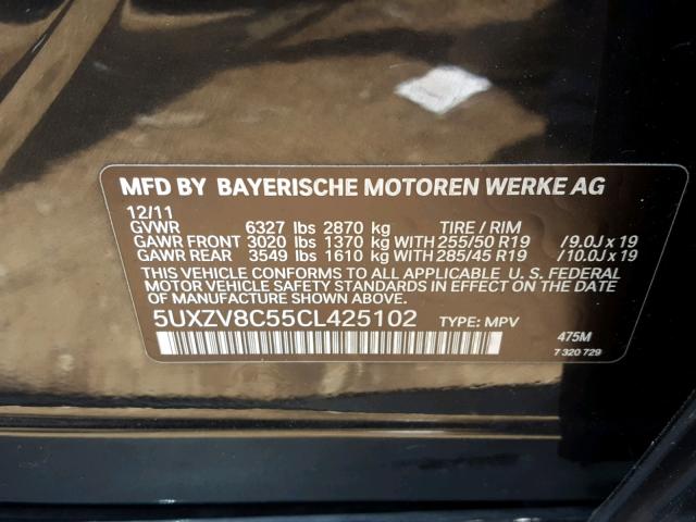5UXZV8C55CL425102 - 2012 BMW X5 XDRIVE5 Noir photo 10