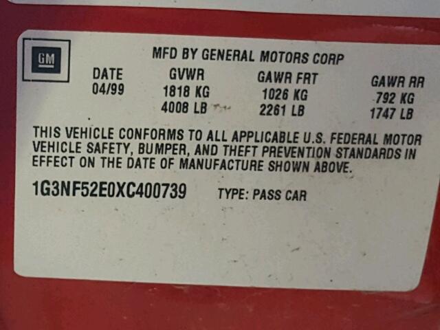 1G3NF52E0XC400739 - 1999 OLDSMOBILE ALERO GLS RED photo 10