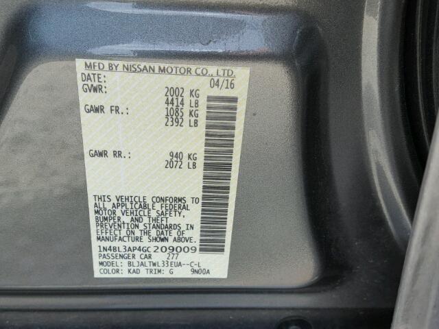 1N4BL3AP4GC209009 - 2016 NISSAN ALTIMA GRAY photo 10