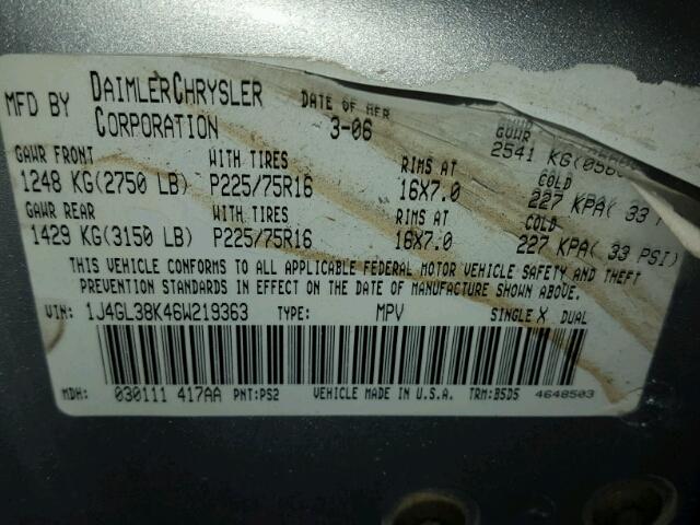 1J4GL38K46W219363 - 2006 JEEP LIBERTY RE SILVER photo 10