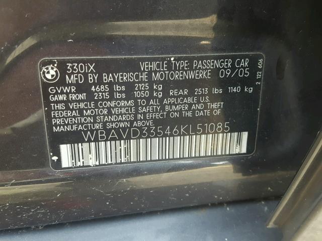 WBAVD33546KL51085 - 2006 BMW 330 XI ნაცრისფერი ფოტო 10