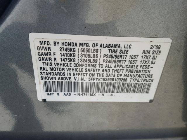 5FPYK16259B100256 - 2009 HONDA RIDGELINE GRAY photo 10