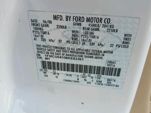 1FMCU04108KE83361 - 2008 FORD ESCAPE LIM WHITE photo 10