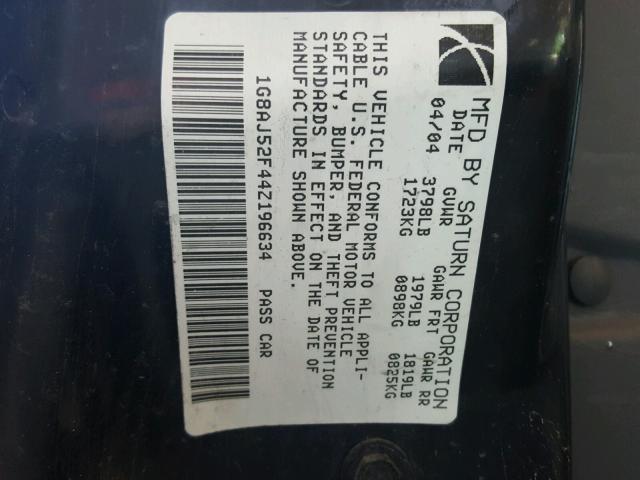 1G8AJ52F44Z196634 - 2004 SATURN ION LEVEL SILVER photo 10