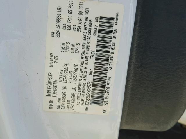 3D7KS26D25G798731 - 2005 DODGE RAM 2500 S WHITE photo 10