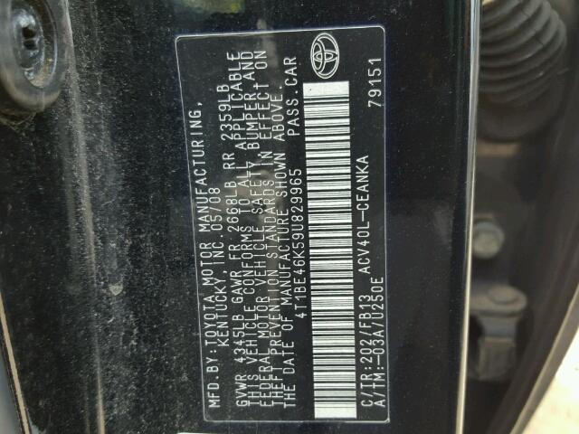 4T1BE46K59U829965 - 2009 TOYOTA CAMRY BASE BLACK photo 10