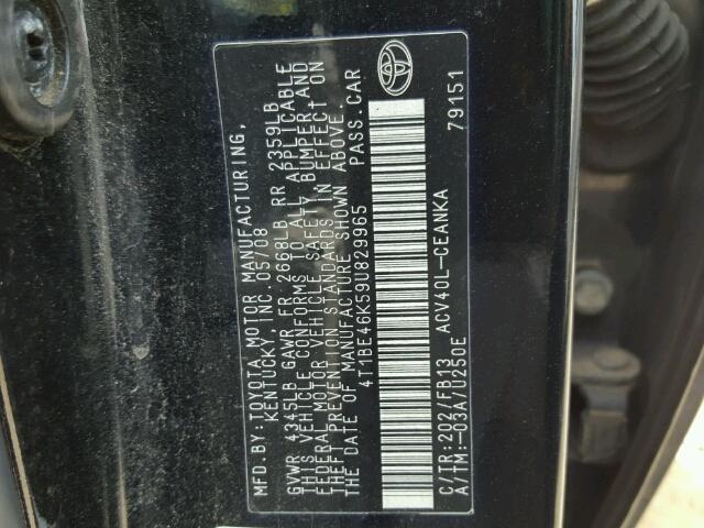 4T1BE46K59U829965 - 2009 TOYOTA CAMRY BASE BLACK photo 10