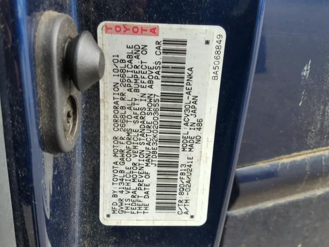 JTDBE32K020036557 - 2002 TOYOTA CAMRY LE ლურჯი ფოტო 10