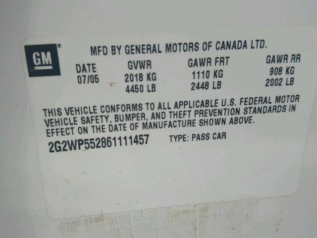 2G2WP552861111457 - 2006 PONTIAC GRAND PRIX WHITE photo 10