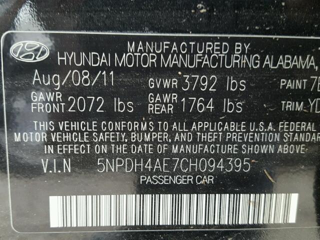 5NPDH4AE7CH094395 - 2012 HYUNDAI ELANTRA BLACK photo 10