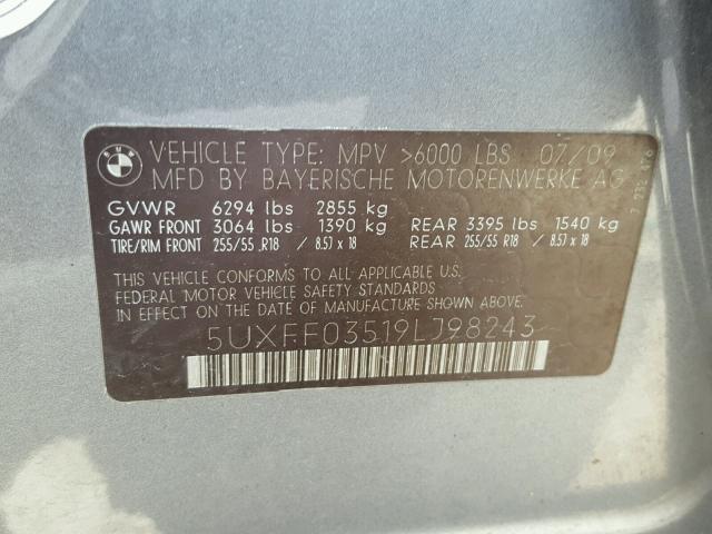 5UXFF03519LJ98243 - 2009 BMW X5 XDRIVE3 GRAY photo 10