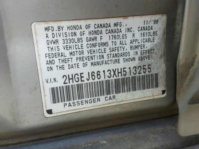 2HGEJ6613XH513255 - 1999 HONDA CIVIC BASE SILVER photo 10