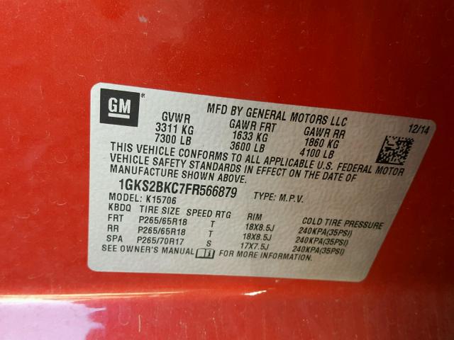 1GKS2BKC7FR566879 - 2015 GMC YUKON SLT RED photo 10