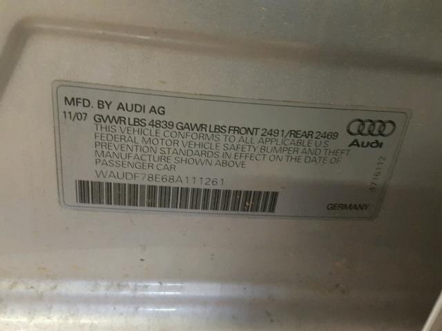 WAUDF78E68A111261 - 2008 AUDI A4 2.0T QU SILVER photo 10