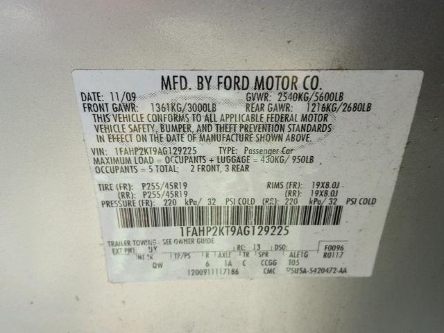 1FAHP2KT9AG129225 - 2010 FORD TAURUS SHO SILVER photo 10