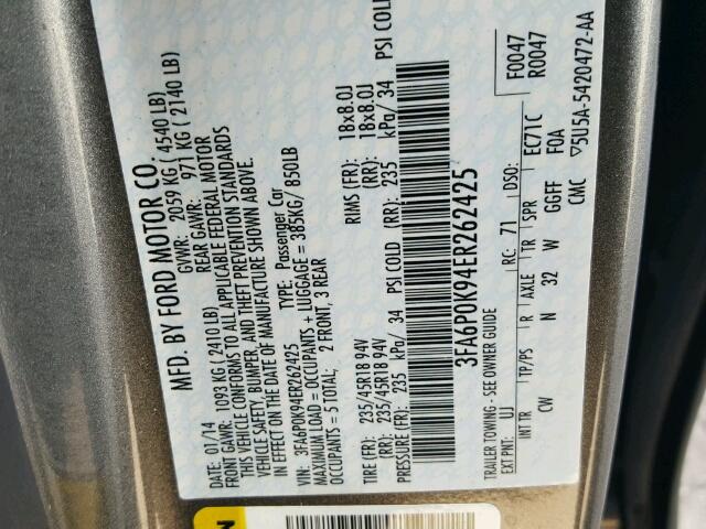 3FA6P0K94ER262425 - 2014 FORD FUSION GRAY photo 10