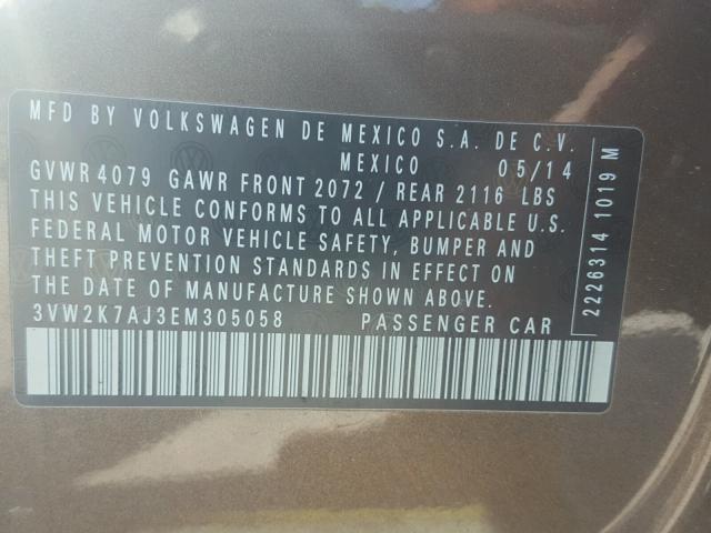 3VW2K7AJ3EM305058 - 2014 VOLKSWAGEN JETTA BASE 棕色 照片 10