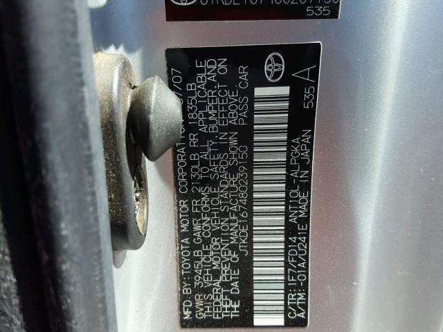 JTKDE167480239150 - 2008 SCION TC SILVER photo 10