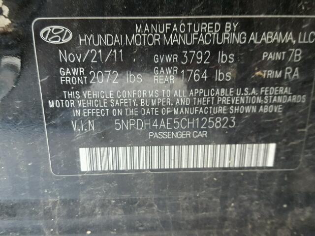 5NPDH4AE5CH125823 - 2012 HYUNDAI ELANTRA GL BLACK photo 10