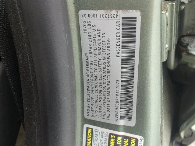WVWRH63B74P147073 - 2004 VOLKSWAGEN PASSAT GLX GREEN photo 10
