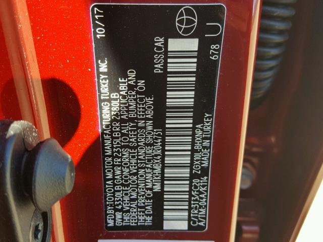 NMTKHMBX4JR044731 - 2018 TOYOTA C-HR XLE RED photo 10