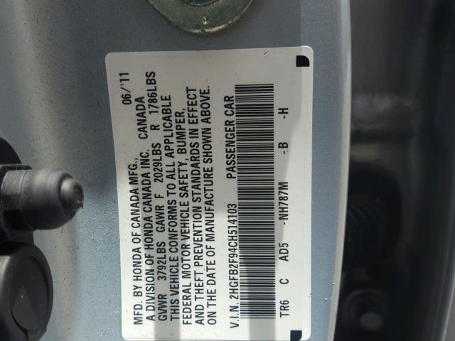 2HGFB2F94CH514103 - 2012 HONDA CIVIC EXL BLUE photo 10