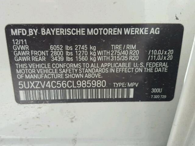 5UXZV4C56CL985980 - 2012 BMW X5 XDRIVE3 WHITE photo 10