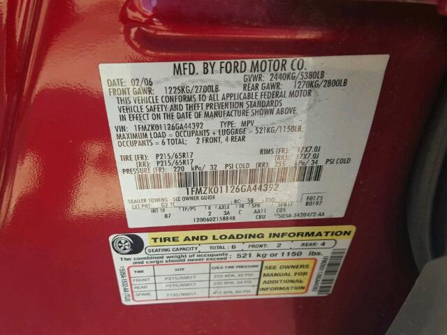 1FMZK01126GA44392 - 2006 FORD FREESTYLE RED photo 10
