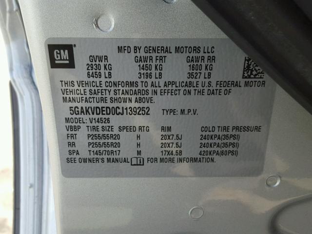 5GAKVDED0CJ139252 - 2012 BUICK ENCLAVE WHITE photo 10