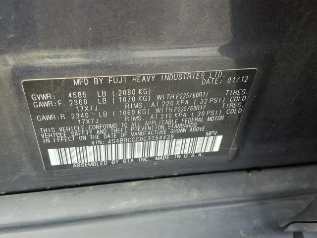 4S4BRCCC0C3254439 - 2012 SUBARU OUTBACK 2. GRAY photo 10