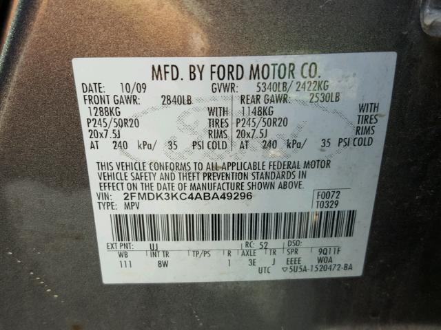 2FMDK3KC4ABA49296 - 2010 FORD EDGE LIMIT CHARCOAL photo 10