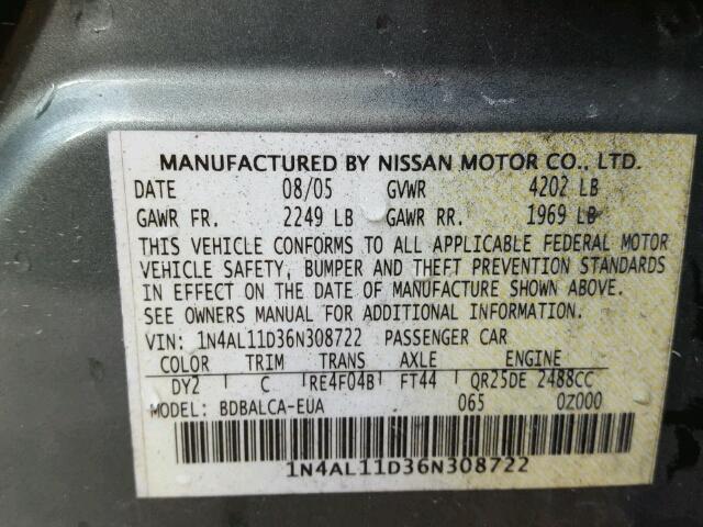 1N4AL11D36N308722 - 2006 NISSAN ALTIMA S/S GREEN photo 10