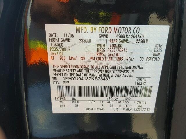 1FMYU04137KB78487 - 2007 FORD ESCAPE LIM BLACK photo 10