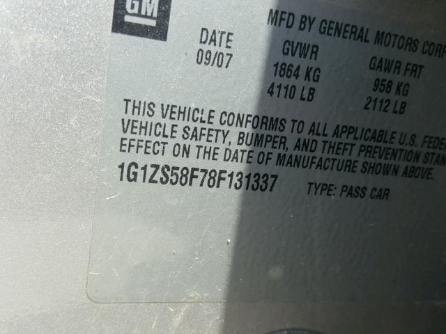 1G1ZS58F78F131337 - 2008 CHEVROLET MALIBU LS SILVER photo 10