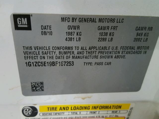 1G1ZC5E19BF167253 - 2011 CHEVROLET MALIBU 1LT WHITE photo 10