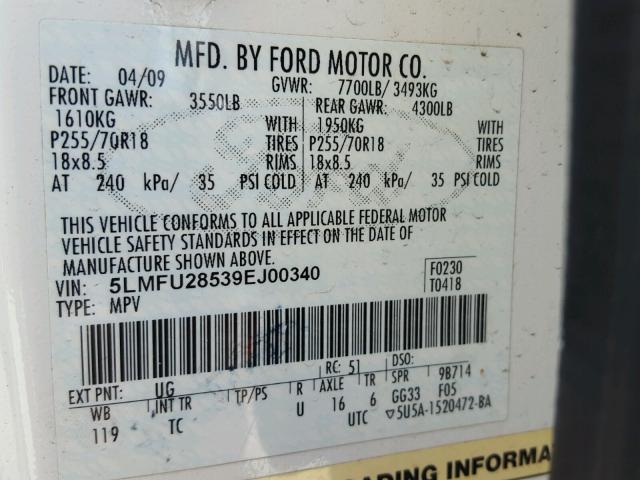 5LMFU28539EJ00340 - 2009 LINCOLN NAVIGATOR Beyaz fotoğraf 10