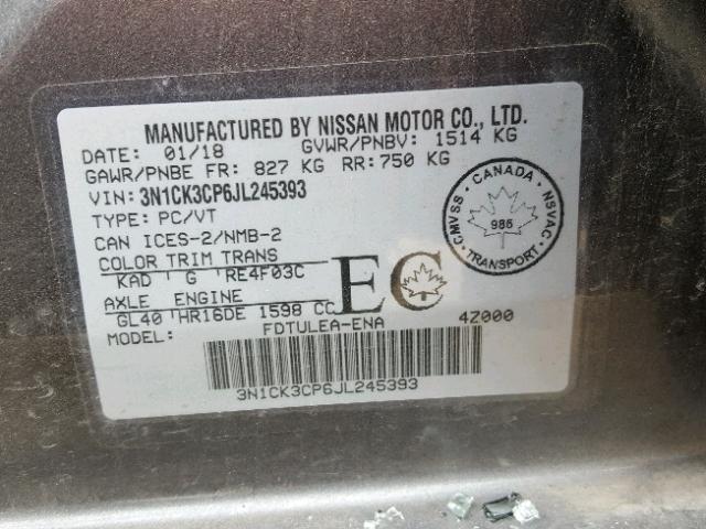 3N1CK3CP6JL245393 - 2018 NISSAN MICRA GRAY photo 10