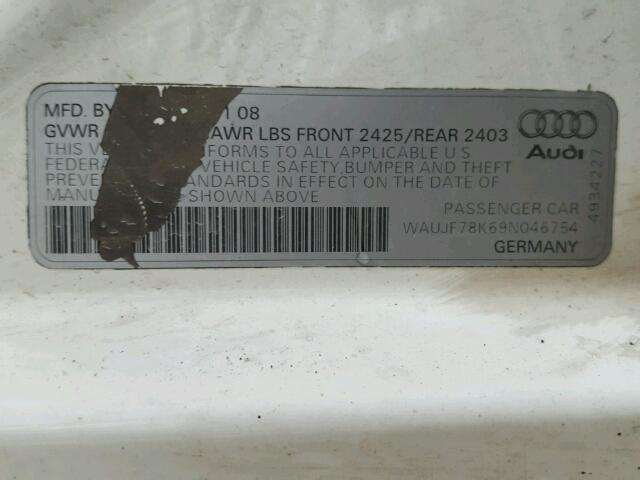 WAUJF78K69N046754 - 2009 AUDI A4 PREMIUM WHITE photo 10