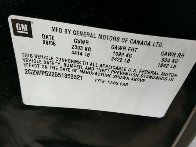 2G2WP522551353321 - 2005 PONTIAC GRAND PRIX BLACK photo 10