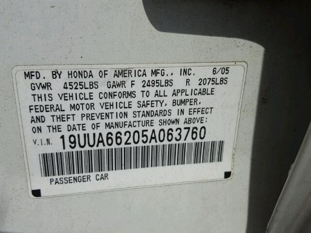 19UUA66205A063760 - 2005 ACURA TL WHITE photo 10