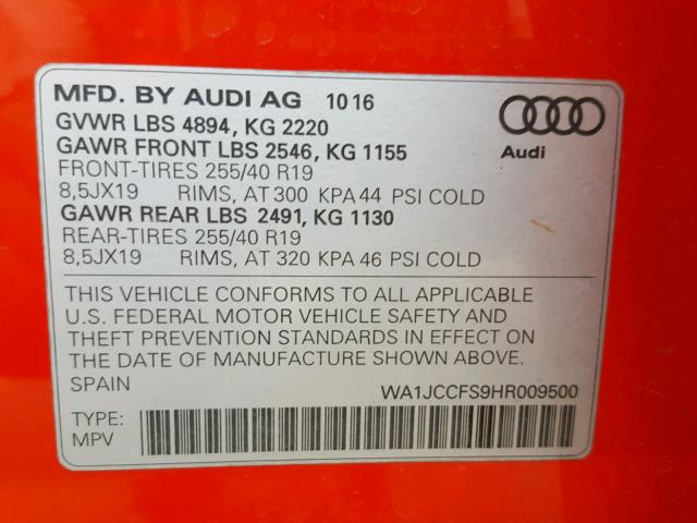 WA1JCCFS9HR009500 - 2017 AUDI Q3 PREMIUM RED photo 10