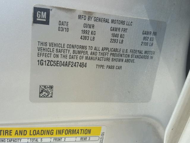 1G1ZC5E04AF247484 - 2010 CHEVROLET MALIBU 1LT SILVER photo 10