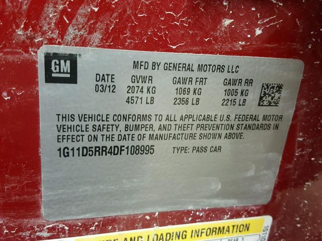 1G11D5RR4DF108995 - 2013 CHEVROLET MALIBU 1LT RED photo 10