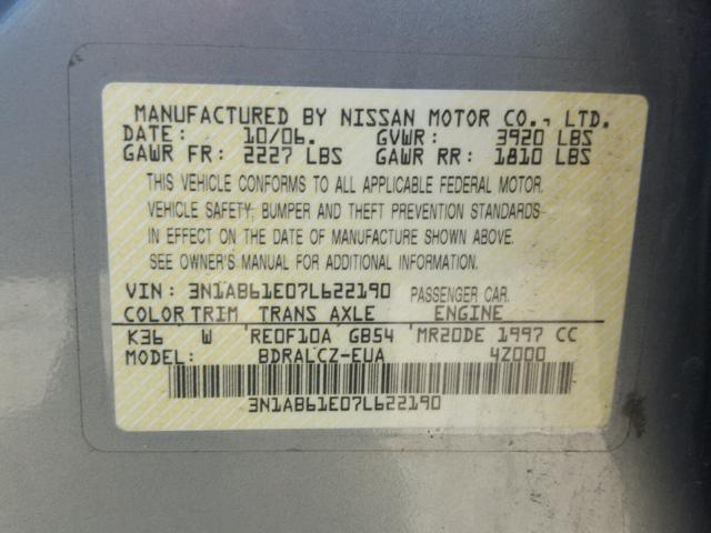 3N1AB61E07L622190 - 2007 NISSAN SENTRA 2.0 GRAY photo 10