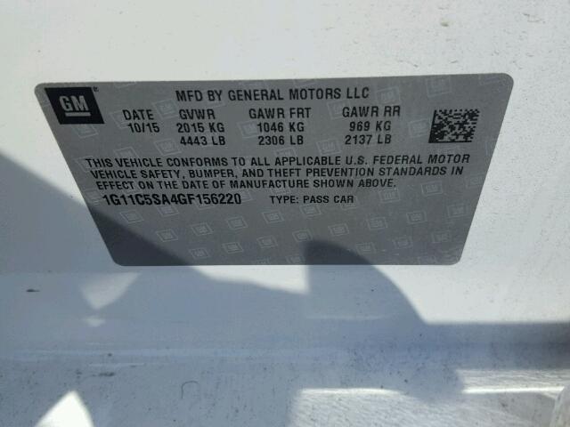 1G11C5SA4GF156220 - 2016 CHEVROLET MALIBU LIM 白色 照片 10