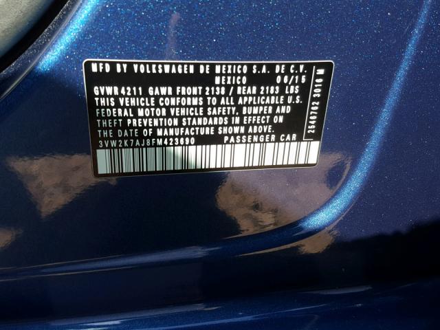 3VW2K7AJ8FM423690 - 2015 VOLKSWAGEN JETTA BASE Կապույտ լուսանկար 10