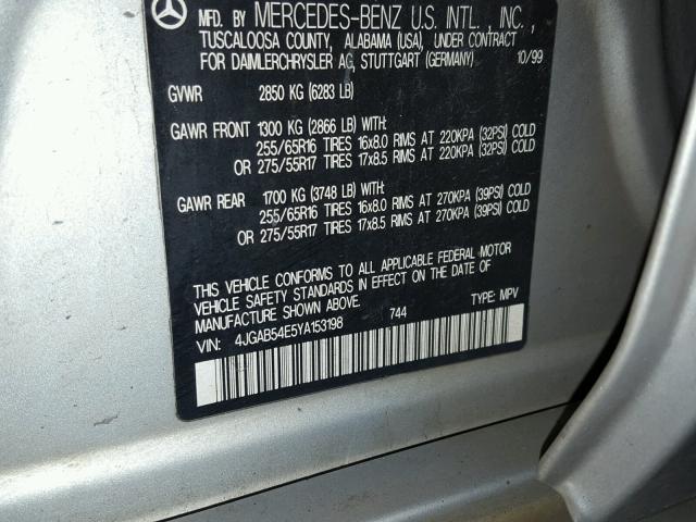 4JGAB54E5YA153198 - 2000 MERCEDES-BENZ ML 320 SILVER photo 10