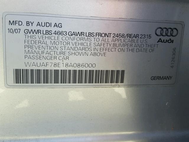 WAUAF78E18A086000 - 2008 AUDI A4 2.0T SILVER photo 10