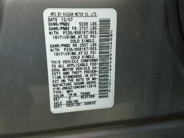 JN8AZ18W09W112918 - 2009 NISSAN MURANO S GRAY photo 10