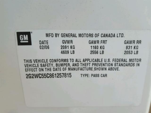 2G2WC55C861257815 - 2006 PONTIAC GRAND PRIX WHITE photo 10